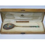 CASED RUSSIAN SILVER AND ENAMELLED PRESENTATION SPOON