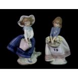 Two Lladro figures of girls with baskets of flowers, H. 18cm.