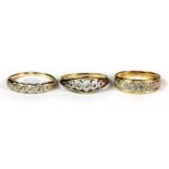 Three 9ct yellow and white diamond set rings (O, N, O.5).