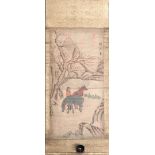 A mid 20th century Chinese silk mounted scroll painting of a gentleman in a landscape with two