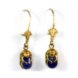 A pair of yellow metal (tested high carat gold) lapis lazuli drop earrings, L. 4cm (approx. 4.3gr).