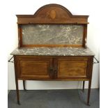 An Edwardian inlaid mahogany marble topped wash stand with towel rails, W. 118 x 145cm.