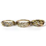 Three 9ct yellow and white gold diamond set rings (two size O and one size S.5).