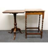 A 19th century pedestal table and an oak barley twist table.