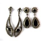 Two pairs of vintage 925 silver,marcasite and onyx set drop earrings.