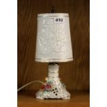 An interesting German porcelain table lamp with lithophane shade, H. 30cm.