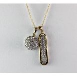 Two 9ct yellow and white gold diamond set pendants on a 9ct yellow gold chain.