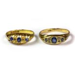 Two 18ct yellow gold sapphire and diamond set rings (N & Q.5).