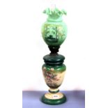 A 19th century hand painted opaline glass oil lamp and shade, H. 57cm.