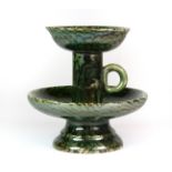 A small Chinese green glazed marbled clay chamberstick oil lamp, H. 8.5cm.