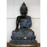 A superb large Chinese cloisonné enamelled bronze temple figure of a seated Buddha, H. 96cm.