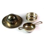 A mid Victorian hallmarked silver tea strainer and bowl, Hukin & Heath, Birmingham 1865, together