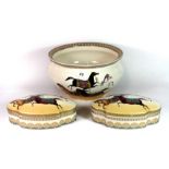 A large decorative china bowl Dia. 34cm and two matching boxes all decorated with horses W. 24cm.