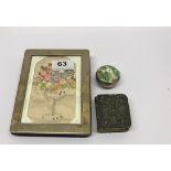 A hallmarked silver photo frame 12 x 15cm with a silver fronted prayer book and an enamelled