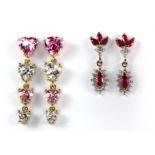 A pair of 9ct yellow gold ruby and diamond set drop earrings, together with a further pair of 9ct