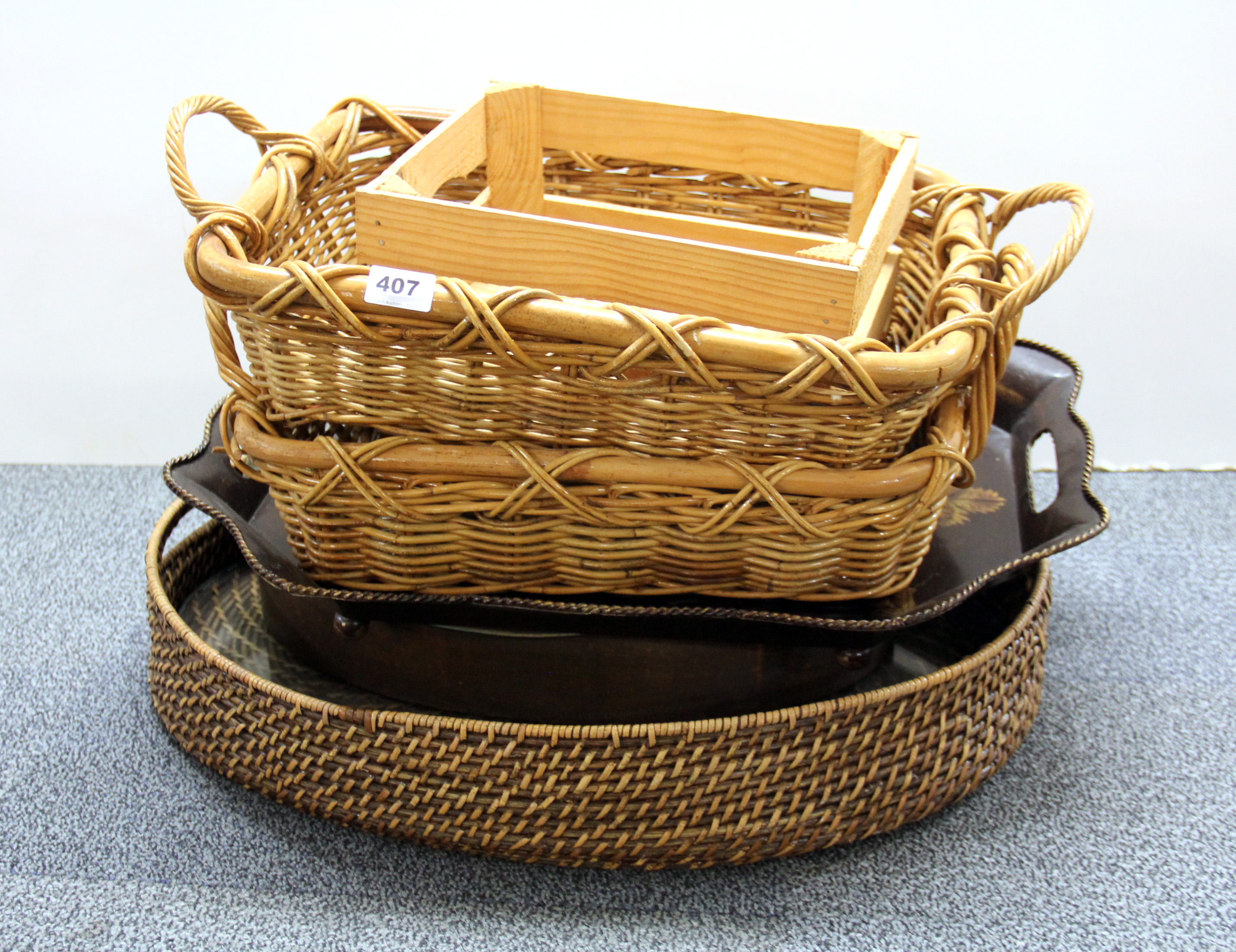 A group of metal and cane trays.