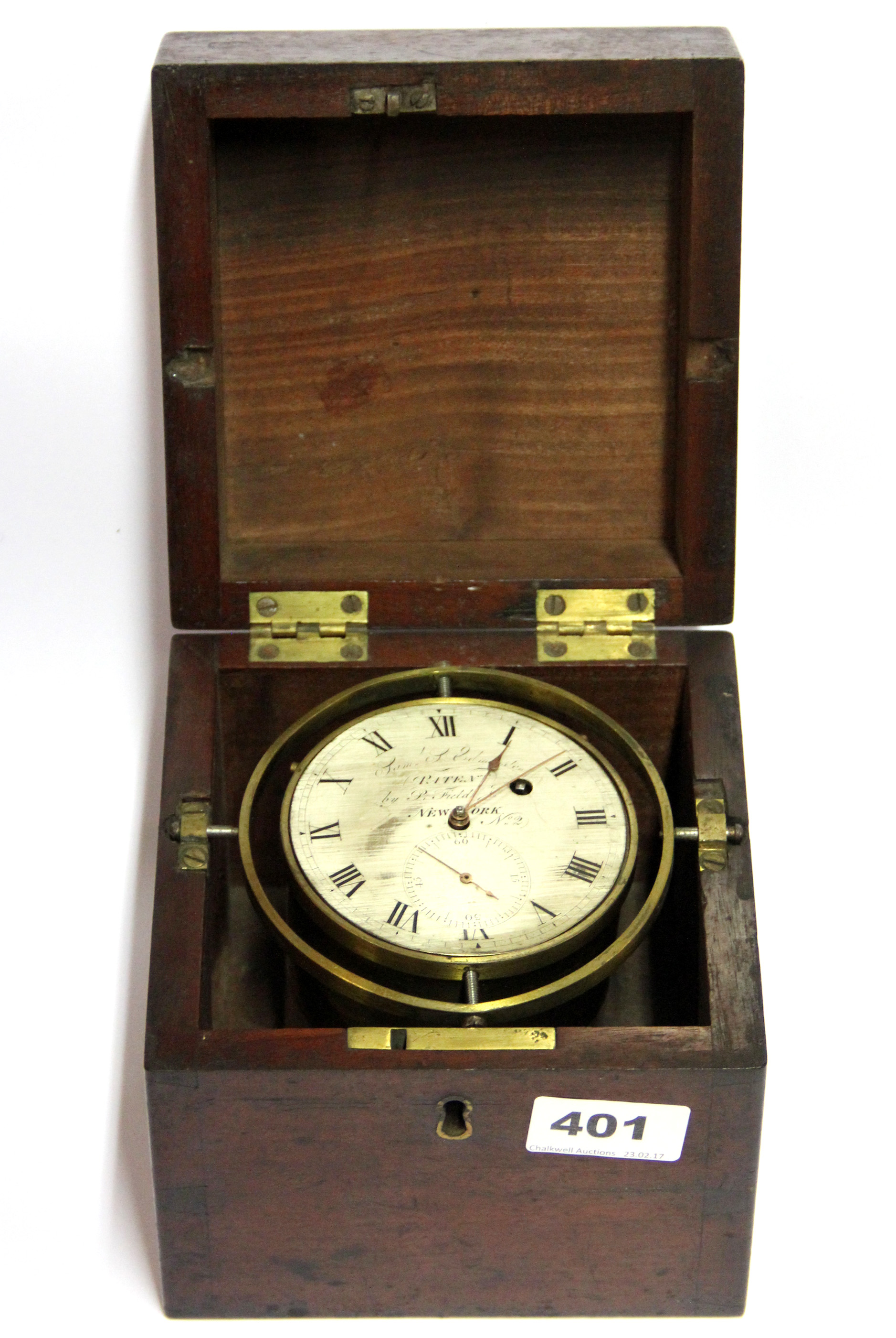 An early mahogany cased chronometer by P. Field of New York, case W. 15cm.