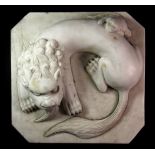 An unusual large Ming dynasty style Chinese carved white marble floor weight decorated with a coiled