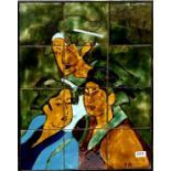 A framed set of ceramic tiles of Chinese Tang dynasty style women initialled SB, frame size 48 x