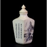 A Chinese carved, inked and engraved ivory snuff bottle, c.1920, H. 6.8cm.