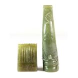 Two Chinese carved nephrite jade models of Ching dynasty hair ornaments, 3.8 & 9cm.