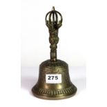 A Tibetan bronze temple bell with Vajra decorated handle, H. 21cm.