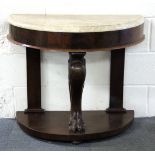 A 19th century marble topped mahogany veneered console table, H. 72cm W. 82cm.