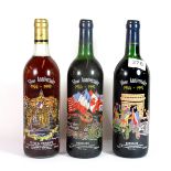 Three bottles of 1994 50th anniversary of French Liberation Bordeaux wine.