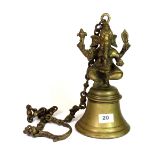 A 19th century Nepalese bronze / brass Ganesha bell and chain, H. 30cm