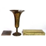 An Indian brass vase, together with a box and a cigarette case, vase height 21cm.