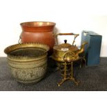 A quantity of mixed brass and other items, including an Art Nouveau kettle on stand.