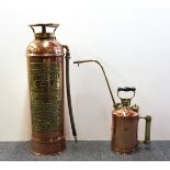 A vintage copper and brass fire extinguisher and water spray, extinguisher H. 62cm.