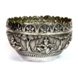 An Indian hammered white metal bowl, stamped 80 to base, Dia, 11cm Depth 6.5cm.