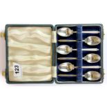 A set of six hallmarked silver teaspoons, Walker & Hall, Sheffield 1957, in original fitted box.