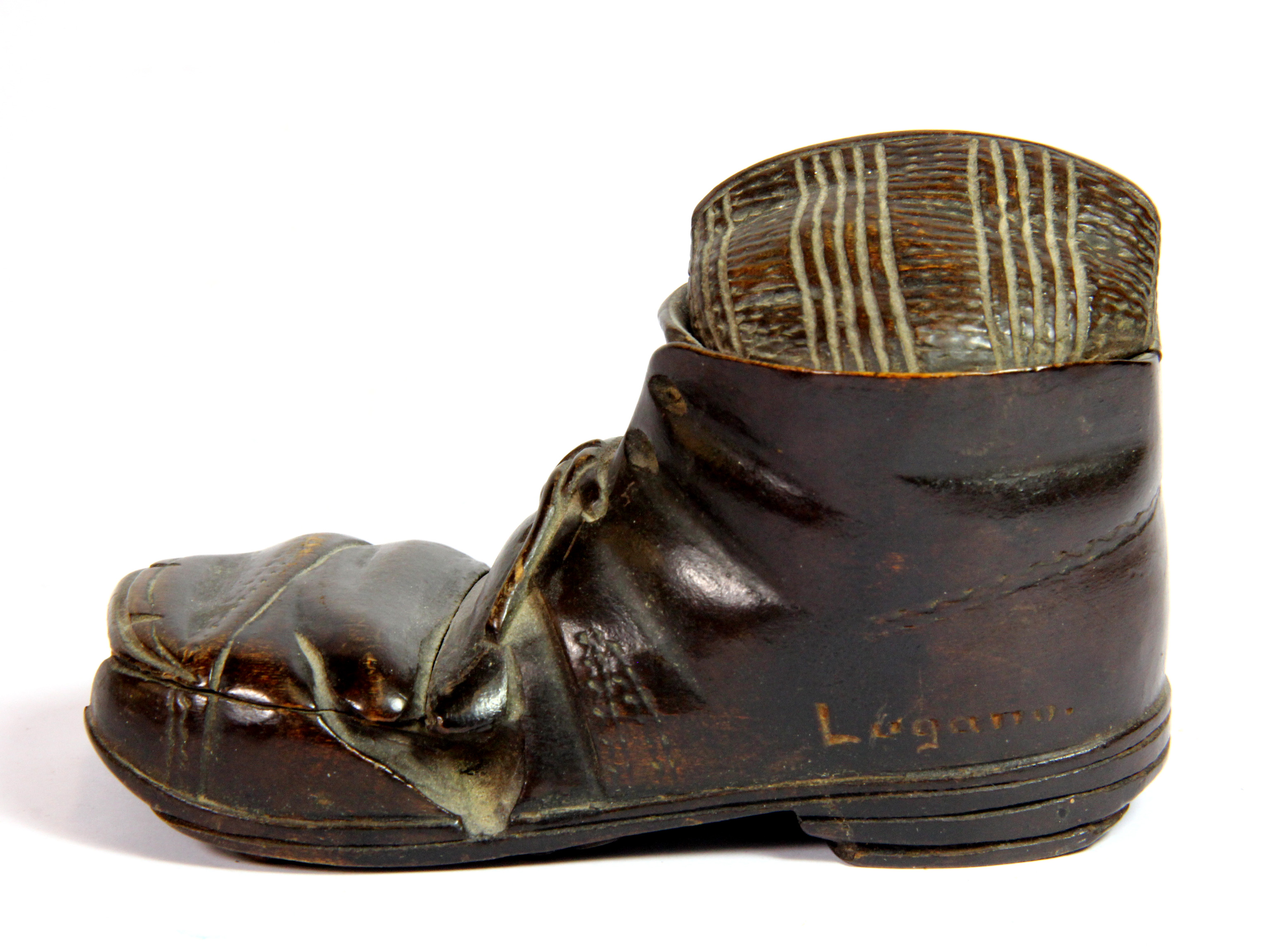 A 19th century carved wooden inkwell and stamp box in the form of a boot, W. 12cm. - Image 2 of 3