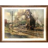 Railway Interest. A framed Cuneo print of the steam locomotive Evening Star, 88cm x 69cm.