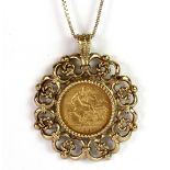 A yellow metal (tested minimum 9ct gold) mounted Edward VII 1907 gold half sovereign pendant on a