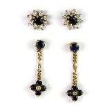 A pair of 9ct yellow gold sapphire and diamond drop earrings together with a further pair of 9ct