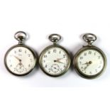 A group of three silver plated openface pocket watches.