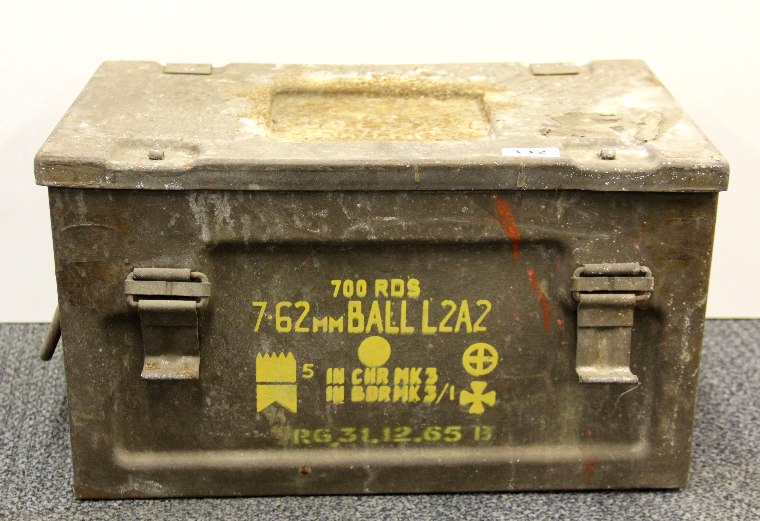 A vintage ammunition box, 46cm x 28cm x 27cm.