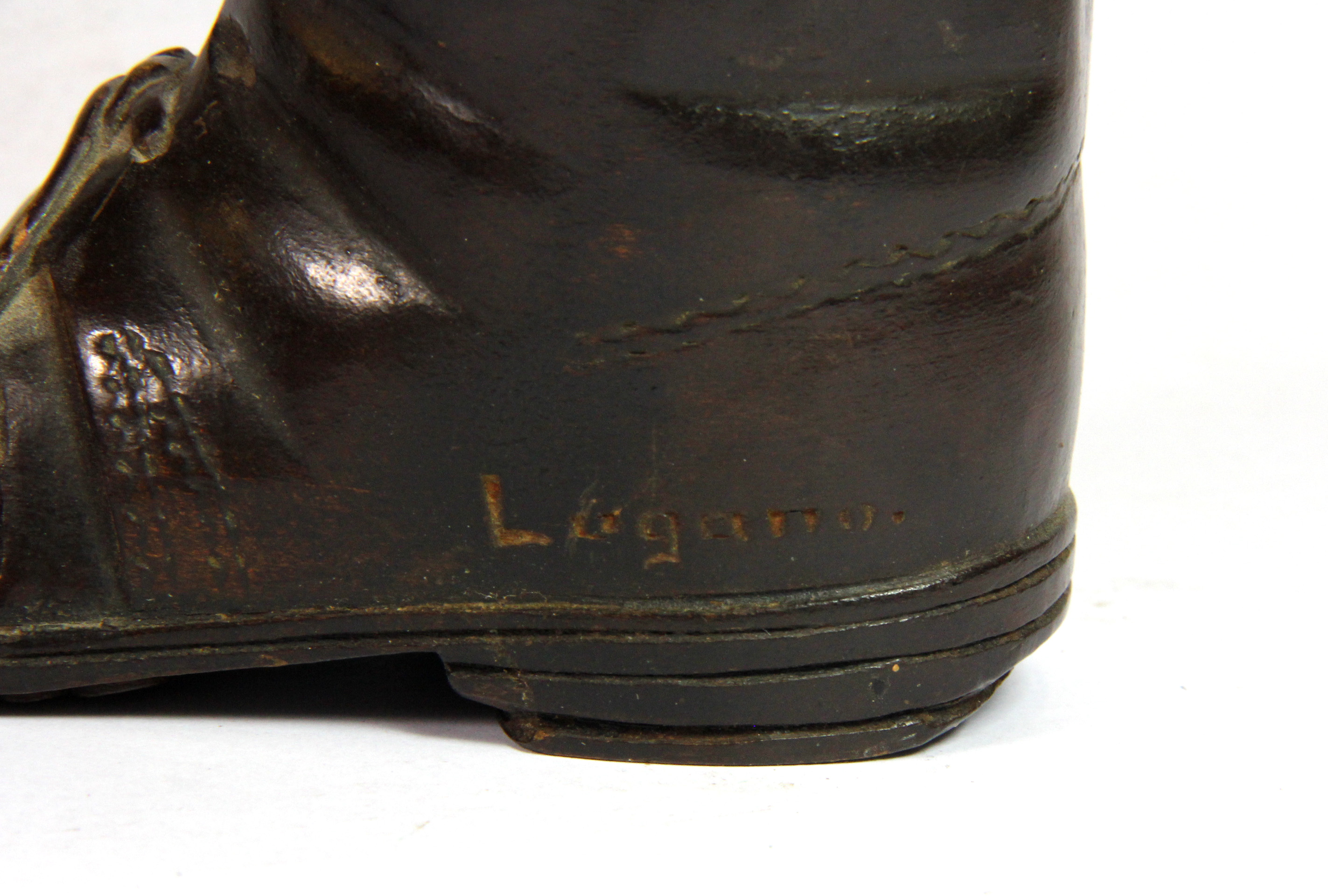 A 19th century carved wooden inkwell and stamp box in the form of a boot, W. 12cm. - Image 3 of 3