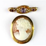 A 9ct yellow gold mounted cameo brooch/pendant together with a yellow metal (tested minimum 9ct