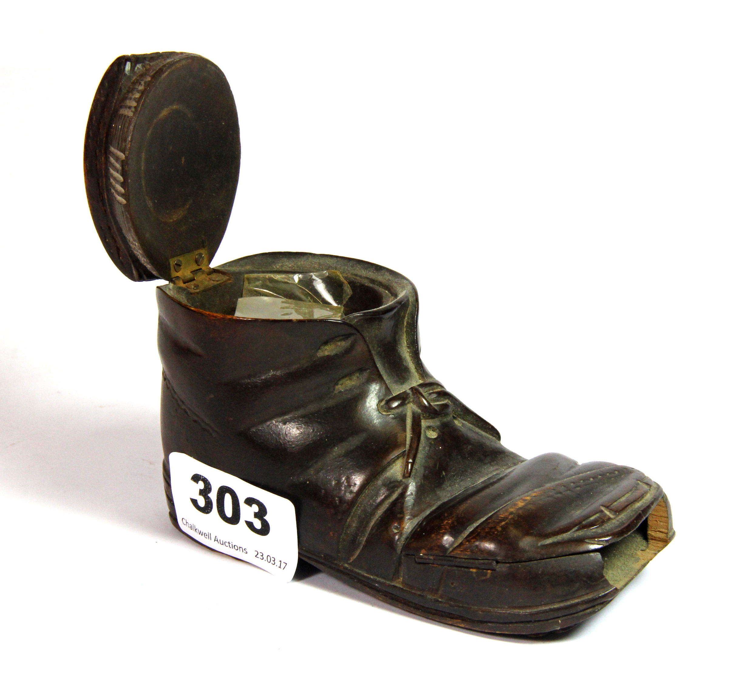A 19th century carved wooden inkwell and stamp box in the form of a boot, W. 12cm.