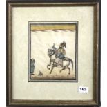 A framed Mughal Indian watercolour on silk of a Maharaja hunting with a hawk, 35 x 40cm.