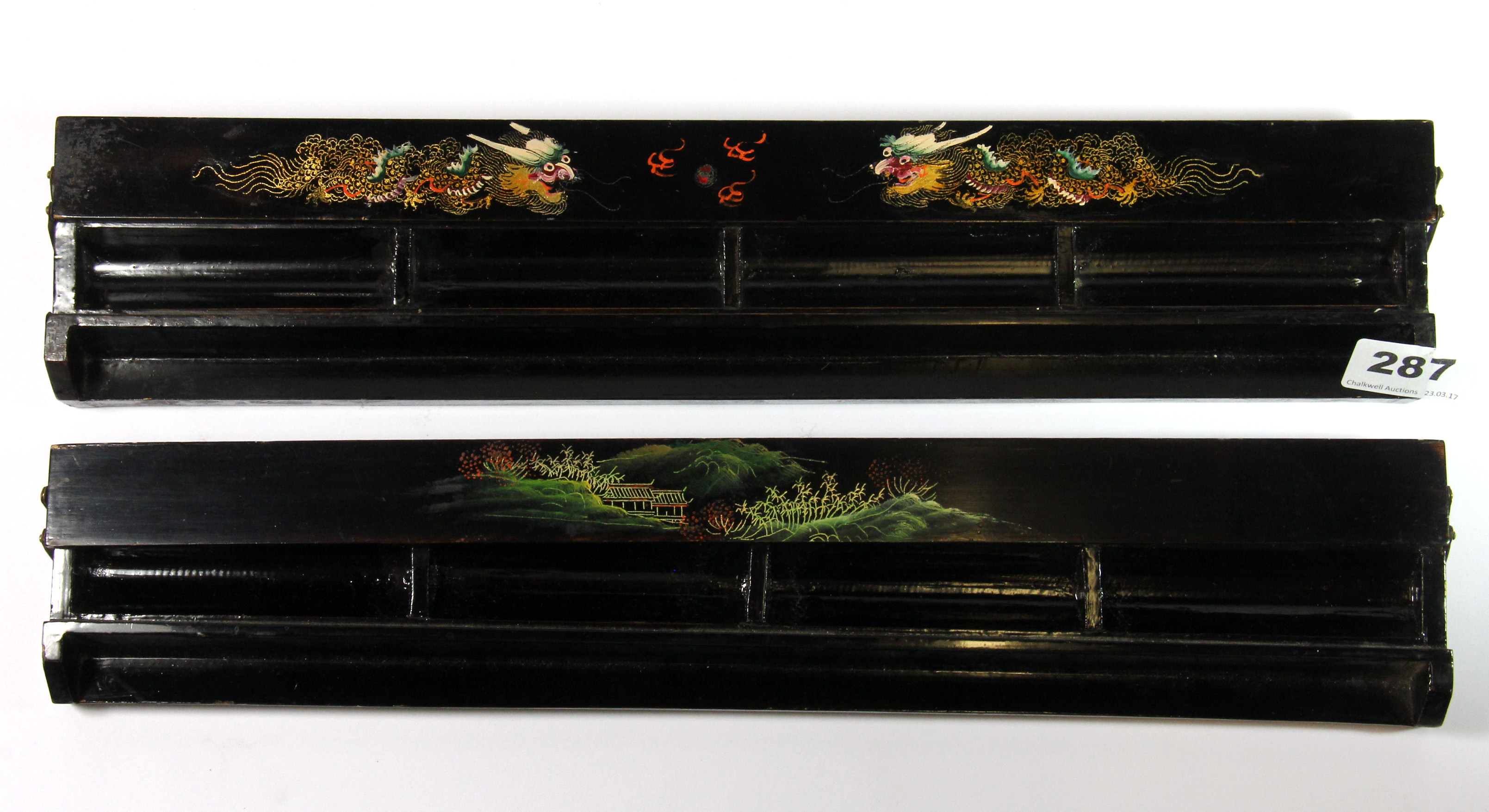 A pair Chinese lacquered wood desk tidys, W. 42cm.