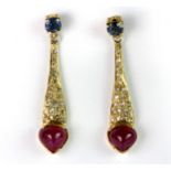 A pair of yellow metal drop earrings set with sapphires, diamonds and rubies, L. 3.5cm.