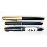 A Parker Dunfold fountain pen with 14ct yellow gold nib, together with two other Parker fountain