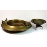 A large Eastern brass and copper bowl (D. 40cm) together with a Chinese bronze bowl and stand D.