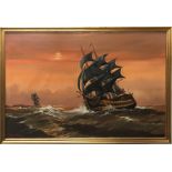 Dion Pears, a large gilt framed oil on canvas of two galleons in heavy water, frame size 98cm x