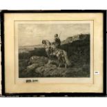 A pencil signed 19th century engraving of an Arab on horseback by Schreyer, frame size 79cm x 67cm.